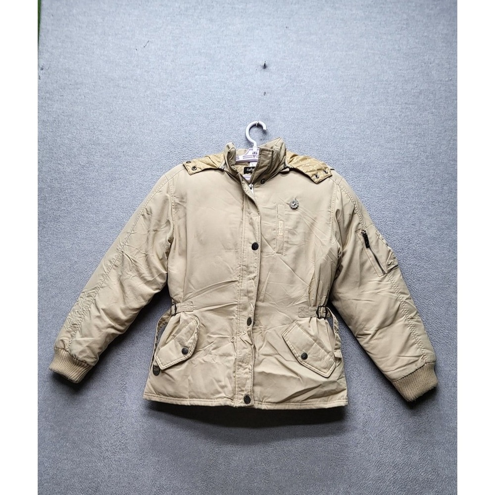 Baby Phat Women Jacket L Beige Y2K Puffer Down Cat Embroidery‎ Fur Trim